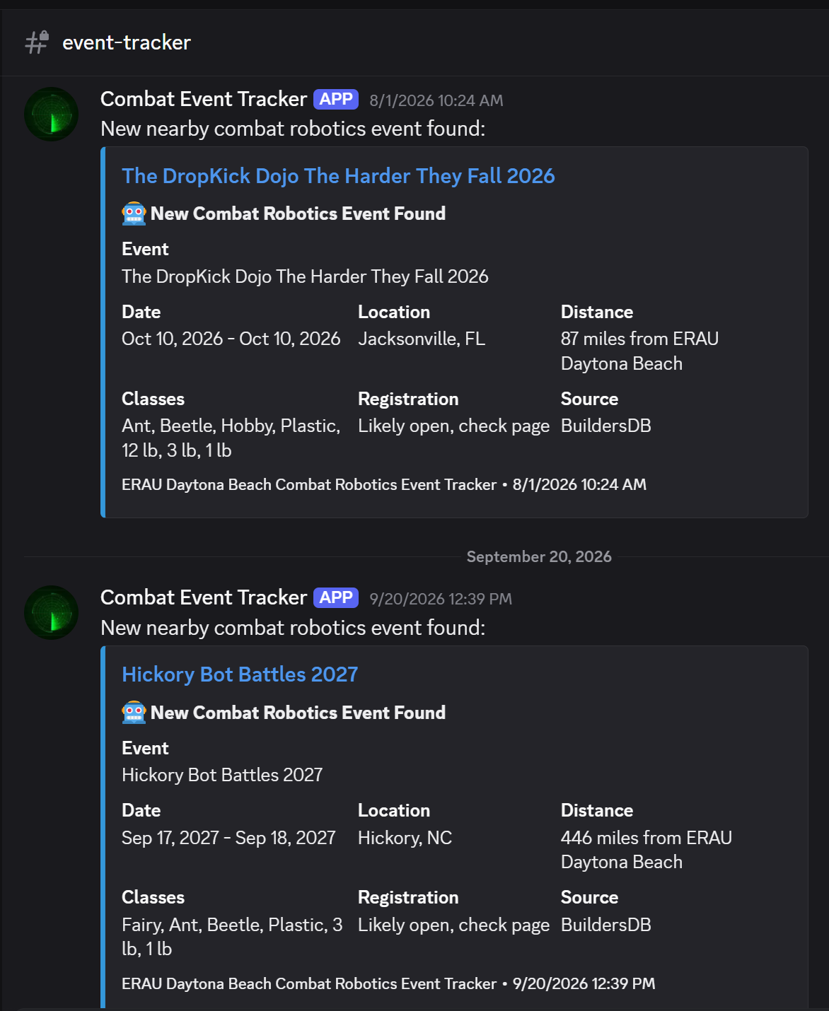 Combat Event Tracker posting a Discord notification with an event date, location, distance, weight classes, and registration estimate